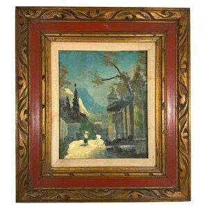 VTG Oil Painting Of Girl Walking On Scenic European Street Ornate Wooden Frame
